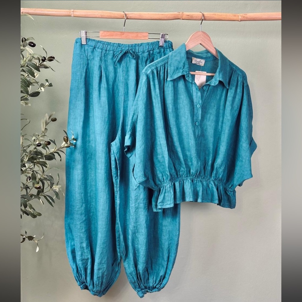 Made in Italy Puro Lino Teal Women's Tracksuit Top & Pants Set